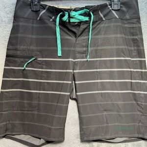 Patagonia Mens Board Shorts Size 30 Gray‎ Striped Swim Trunks Zipper Pocket Teal